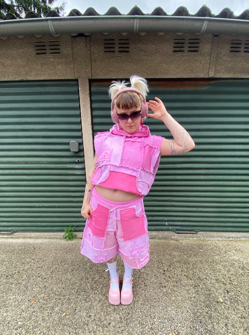 [SLEEVELESS HOODIE] COTTONFLEECE PATCHWORK PINK