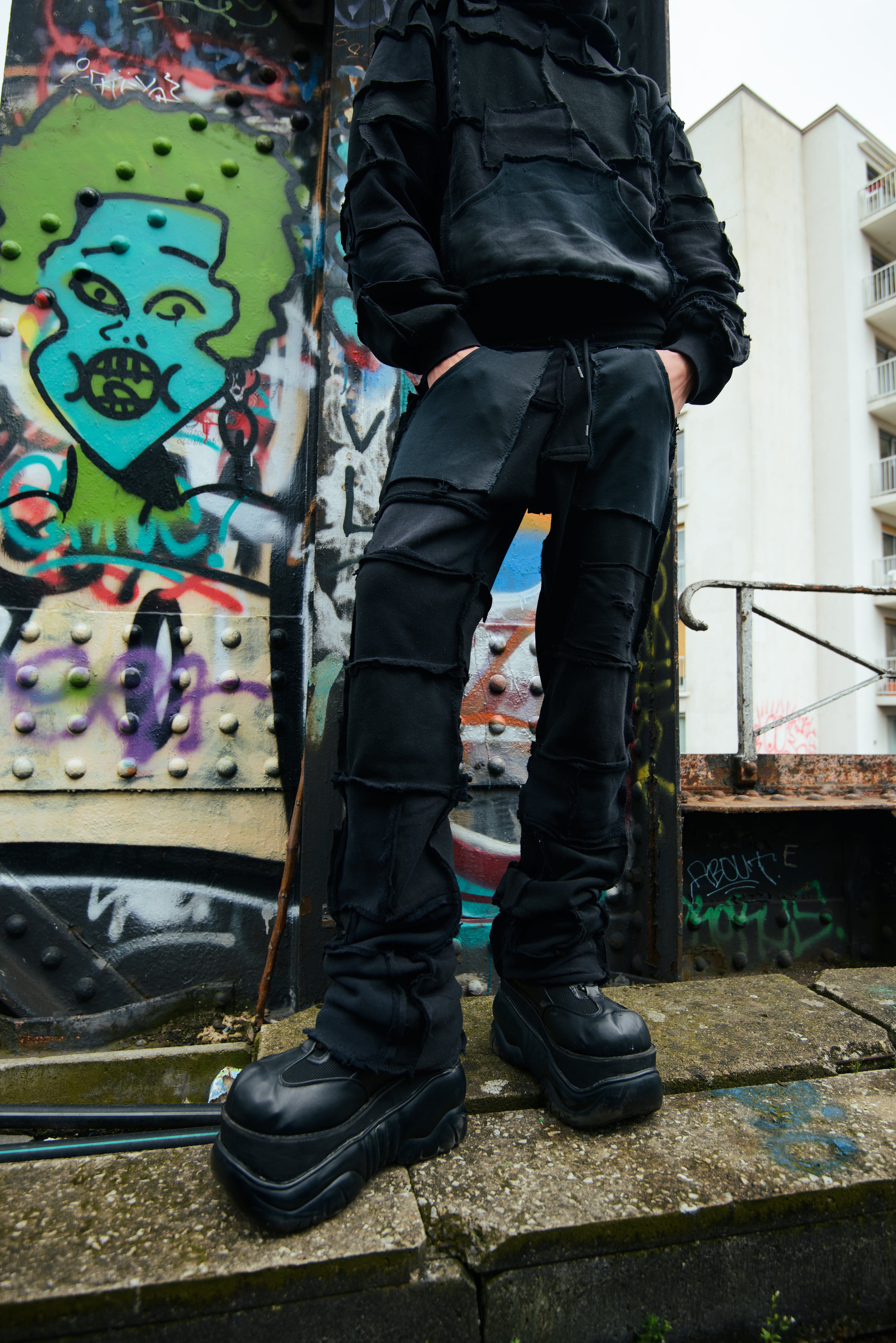 [PANTS] COTTONFLEECE PATCHWORK BLACK