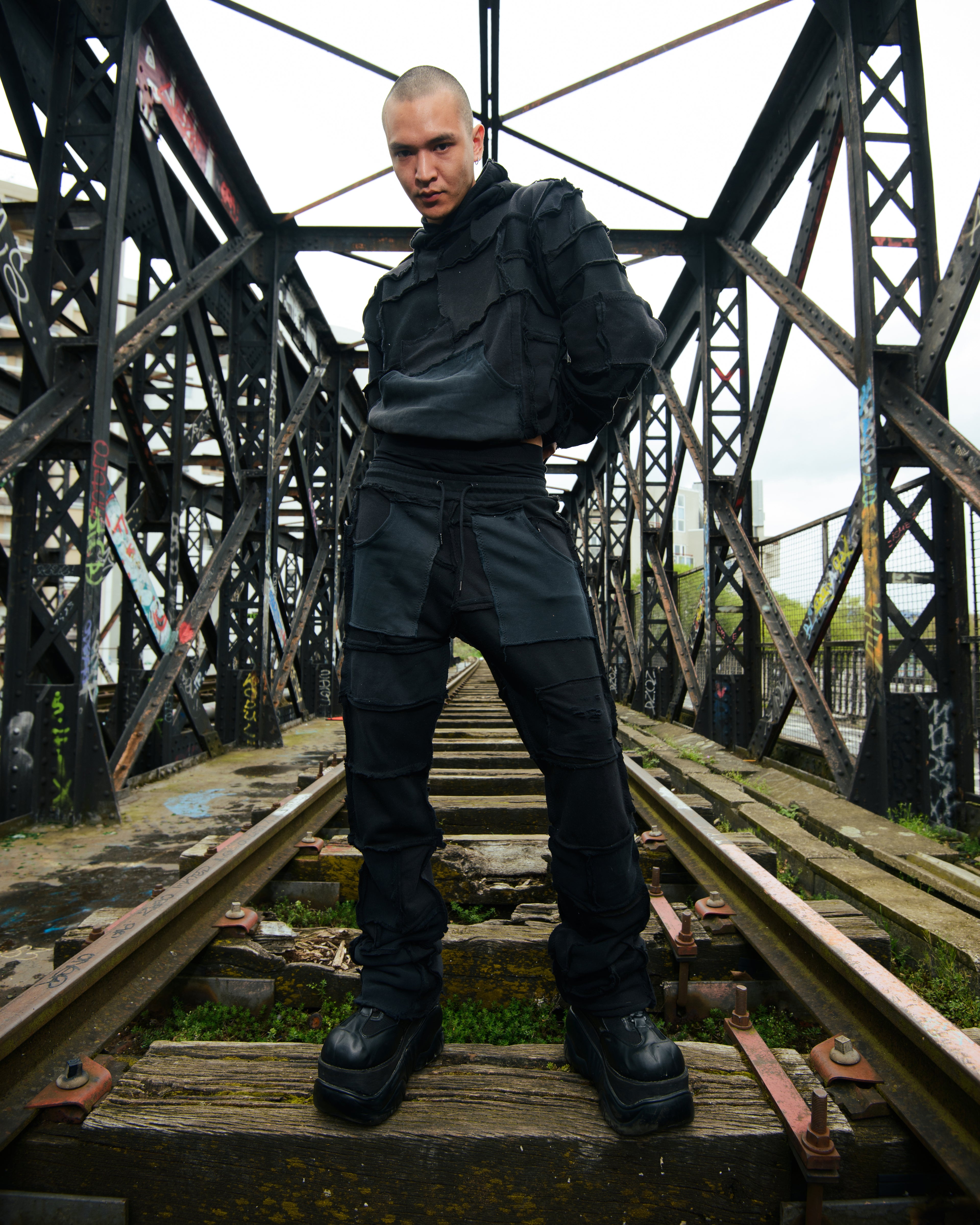 [PANTS] COTTONFLEECE PATCHWORK BLACK