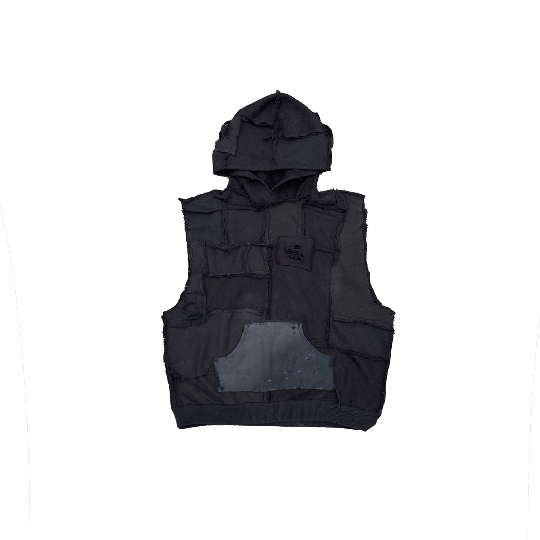 [SLEEVELESS HOODIE] COTTONFLEECE PATCHWORK BLACK