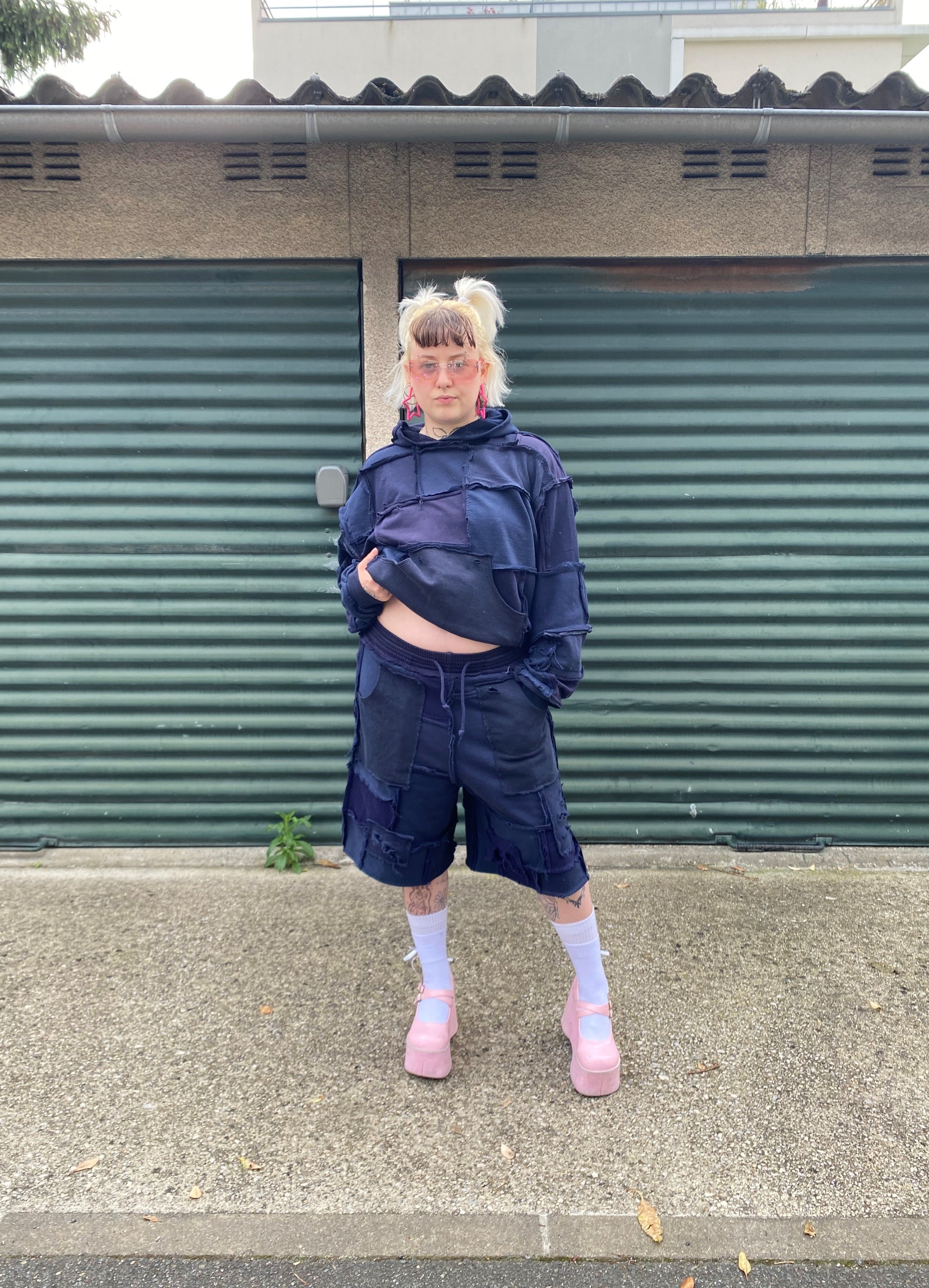 [SLEEVELESS HOODIE] COTTONFLEECE PATCHWORK NAVY