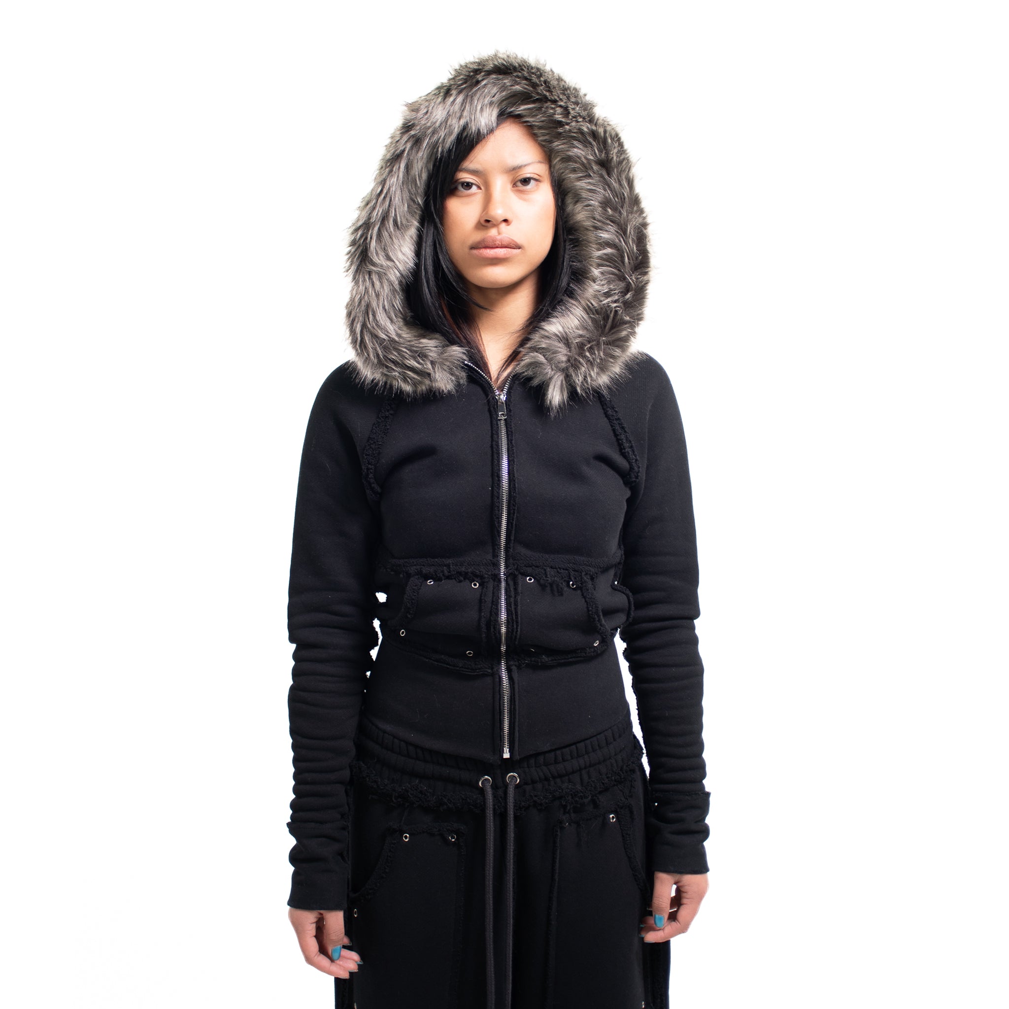 BLACK STUDDED FLEECE FUR ZIP UP