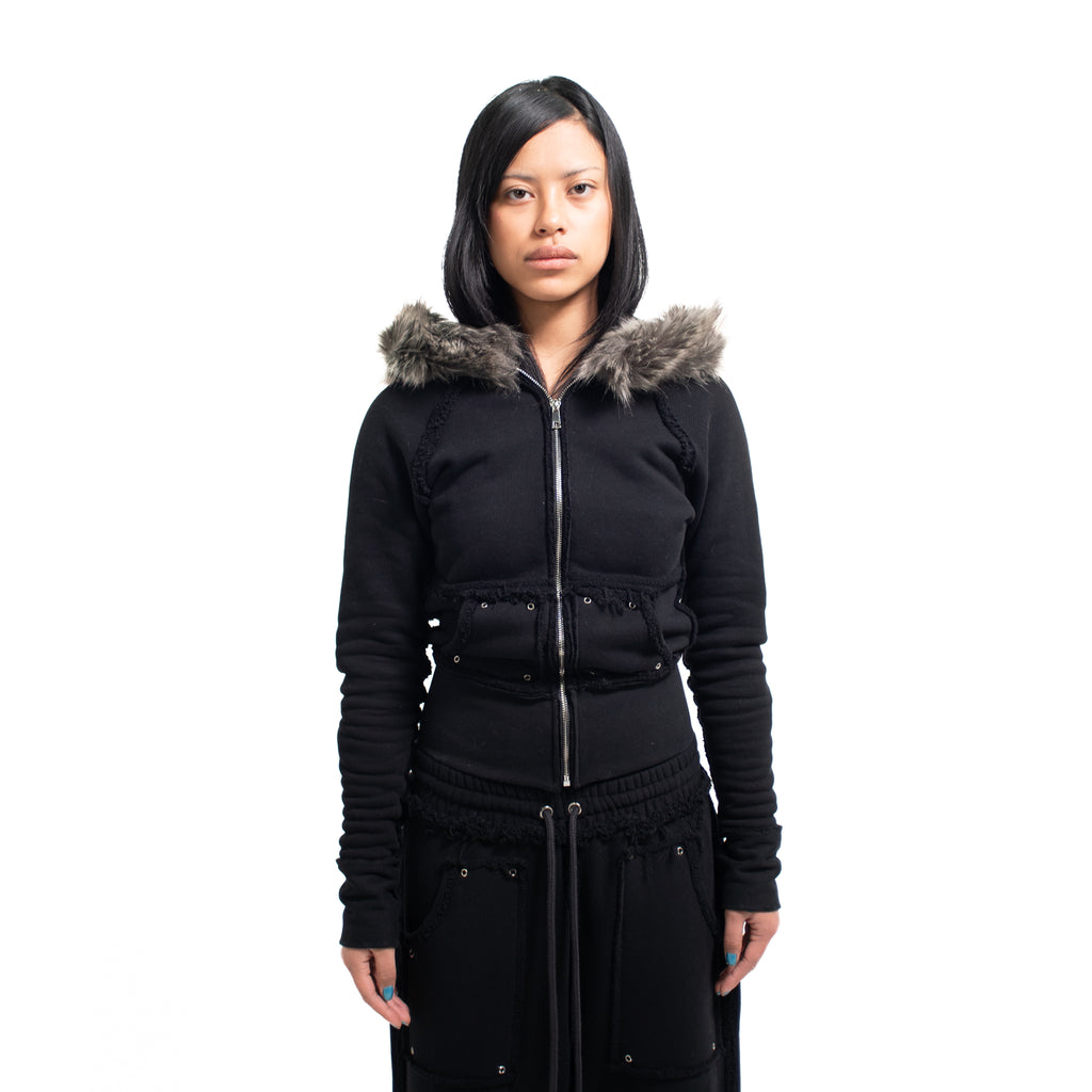 BLACK STUDDED FLEECE FUR ZIP UP