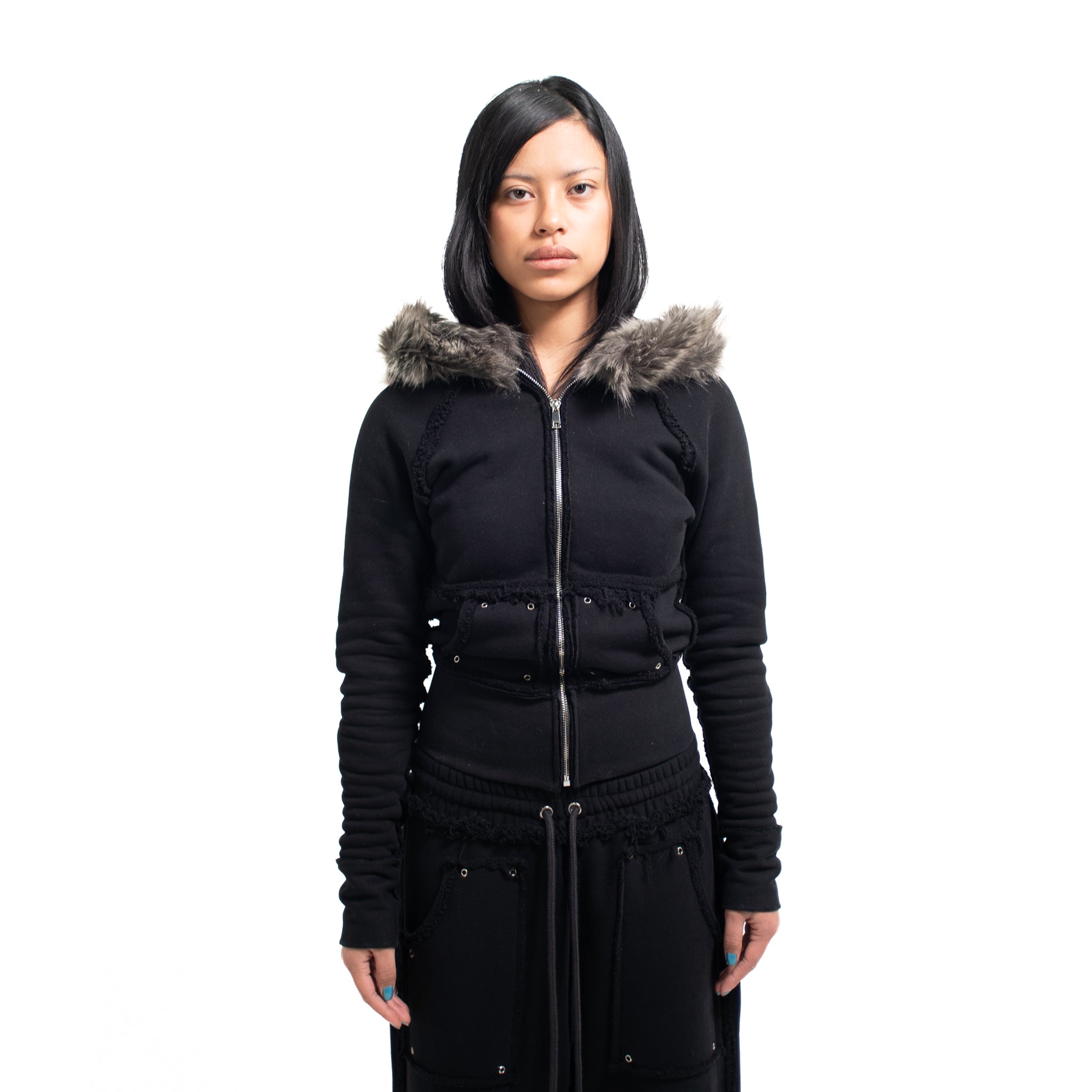 BLACK STUDDED FLEECE FUR ZIP UP