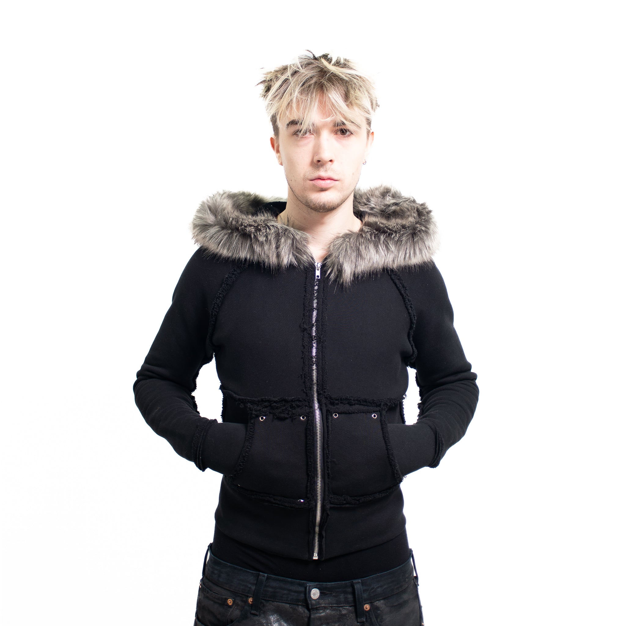 BLACK STUDDED FLEECE FUR ZIP UP