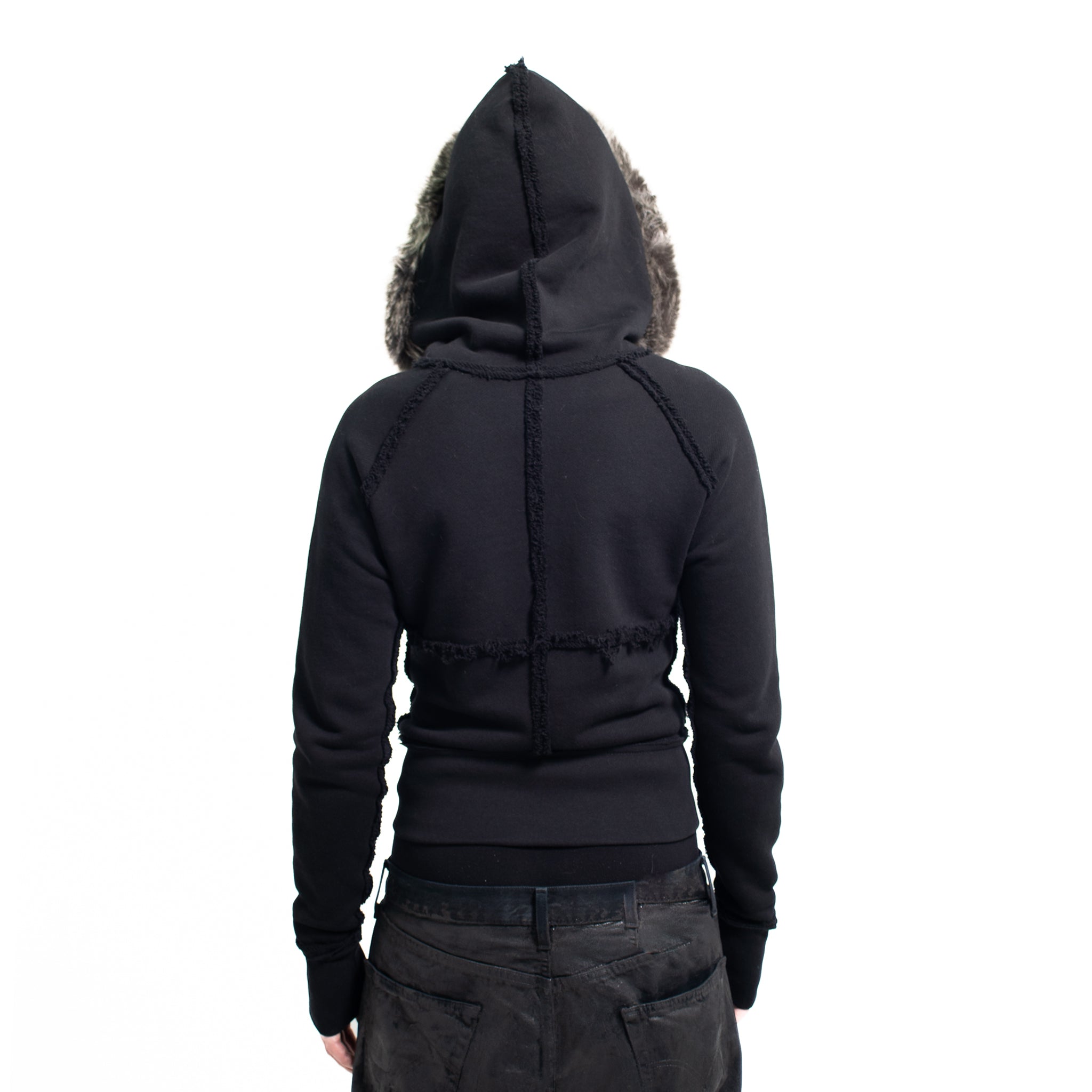 BLACK STUDDED FLEECE FUR ZIP UP
