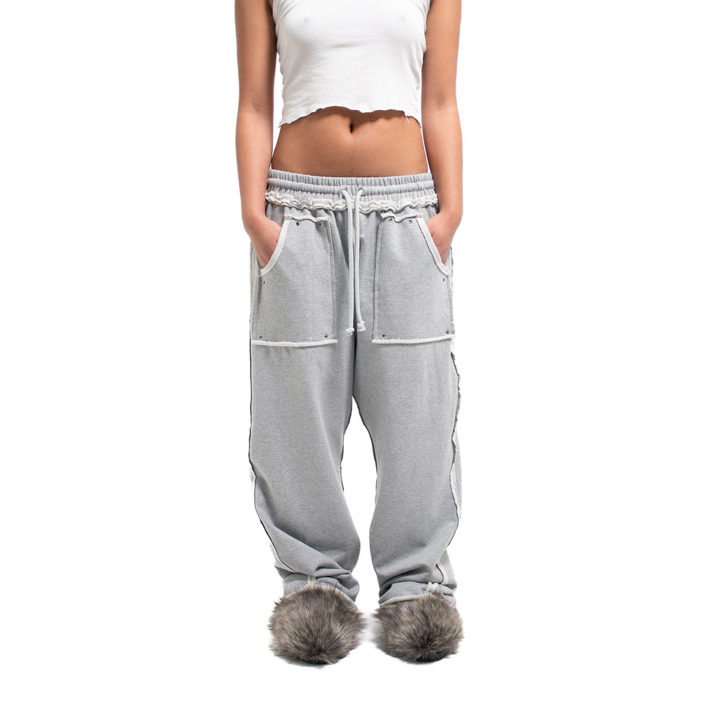 GREY STUDDED FLEECE BAGGY PANTS