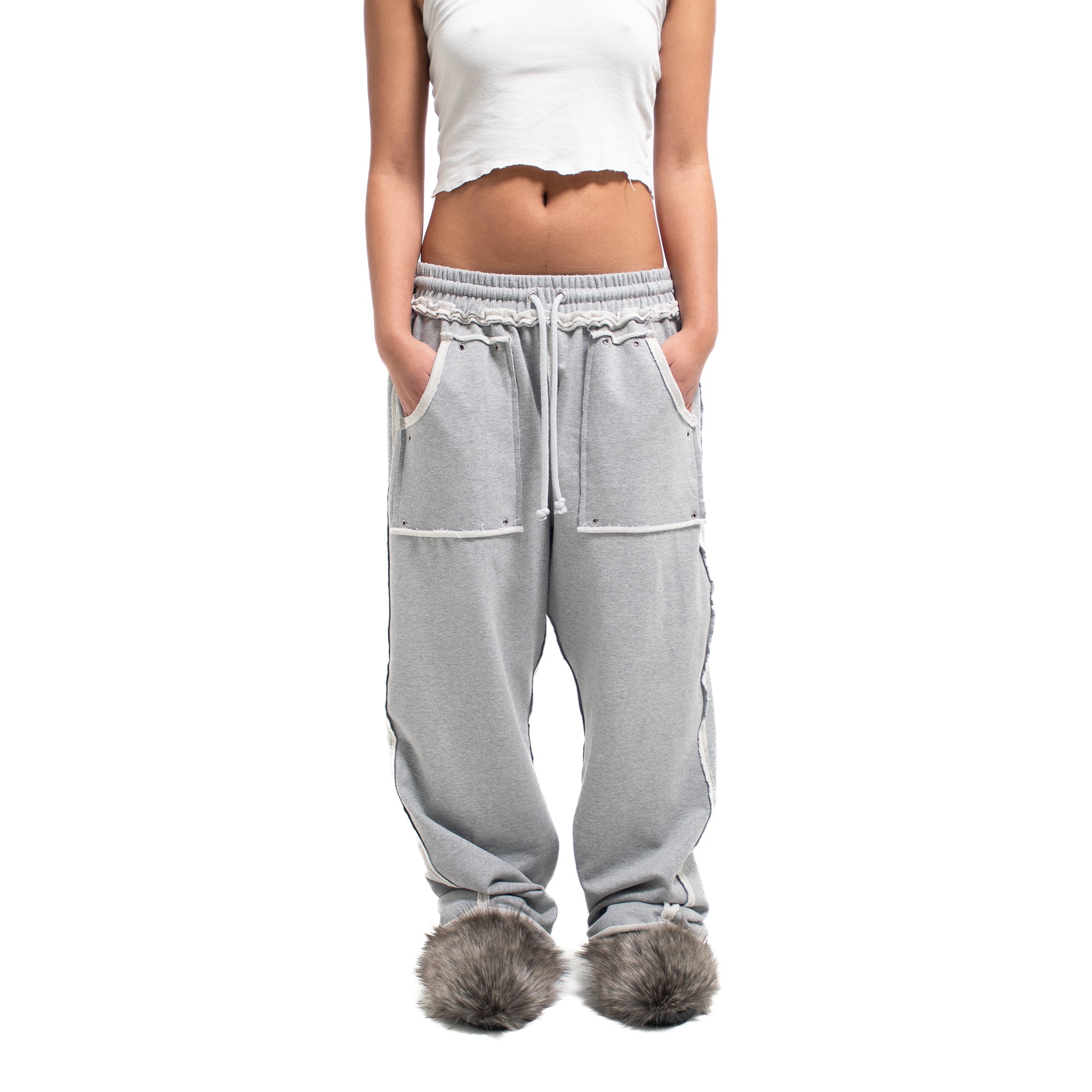 GREY STUDDED FLEECE BAGGY PANTS
