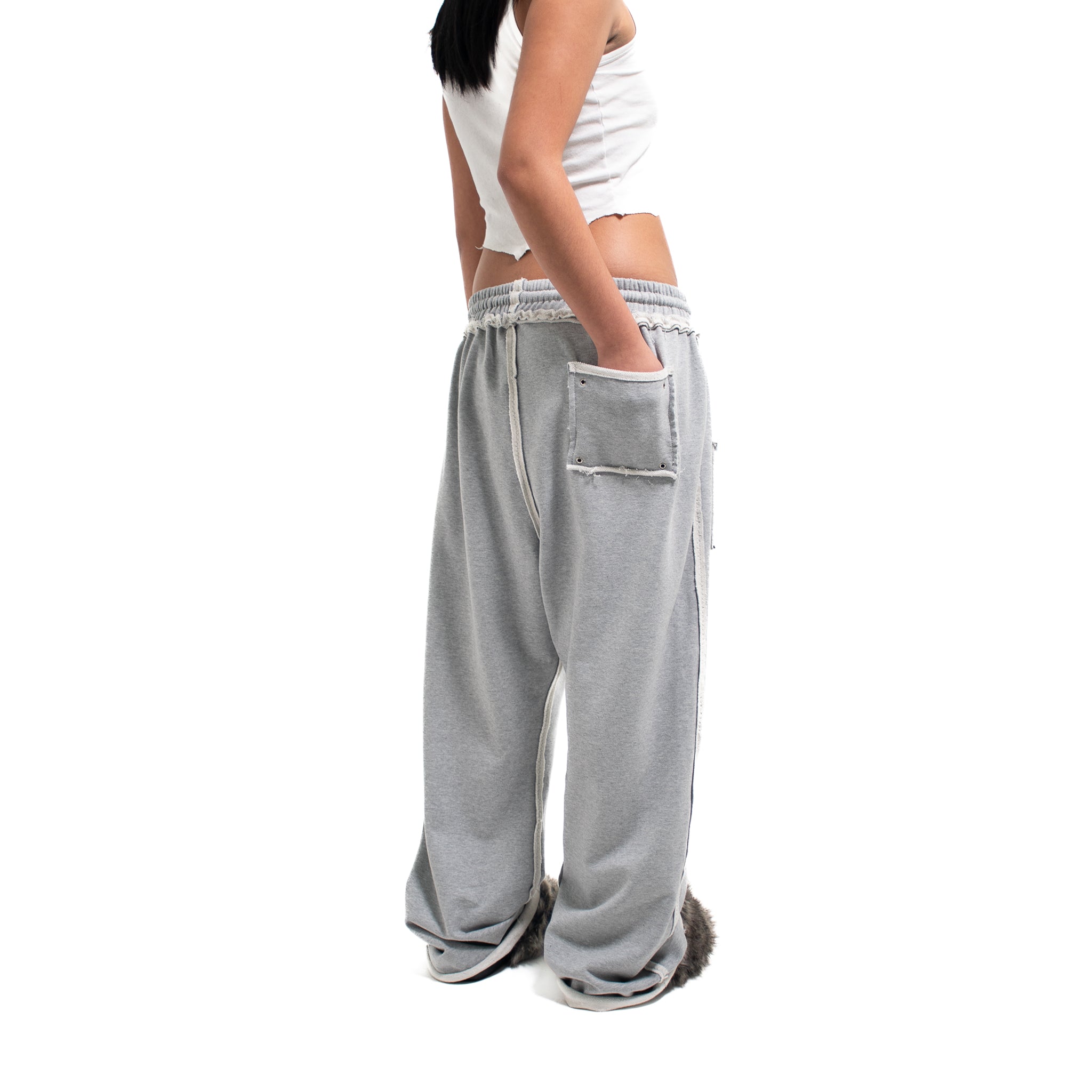 GREY STUDDED FLEECE BAGGY PANTS