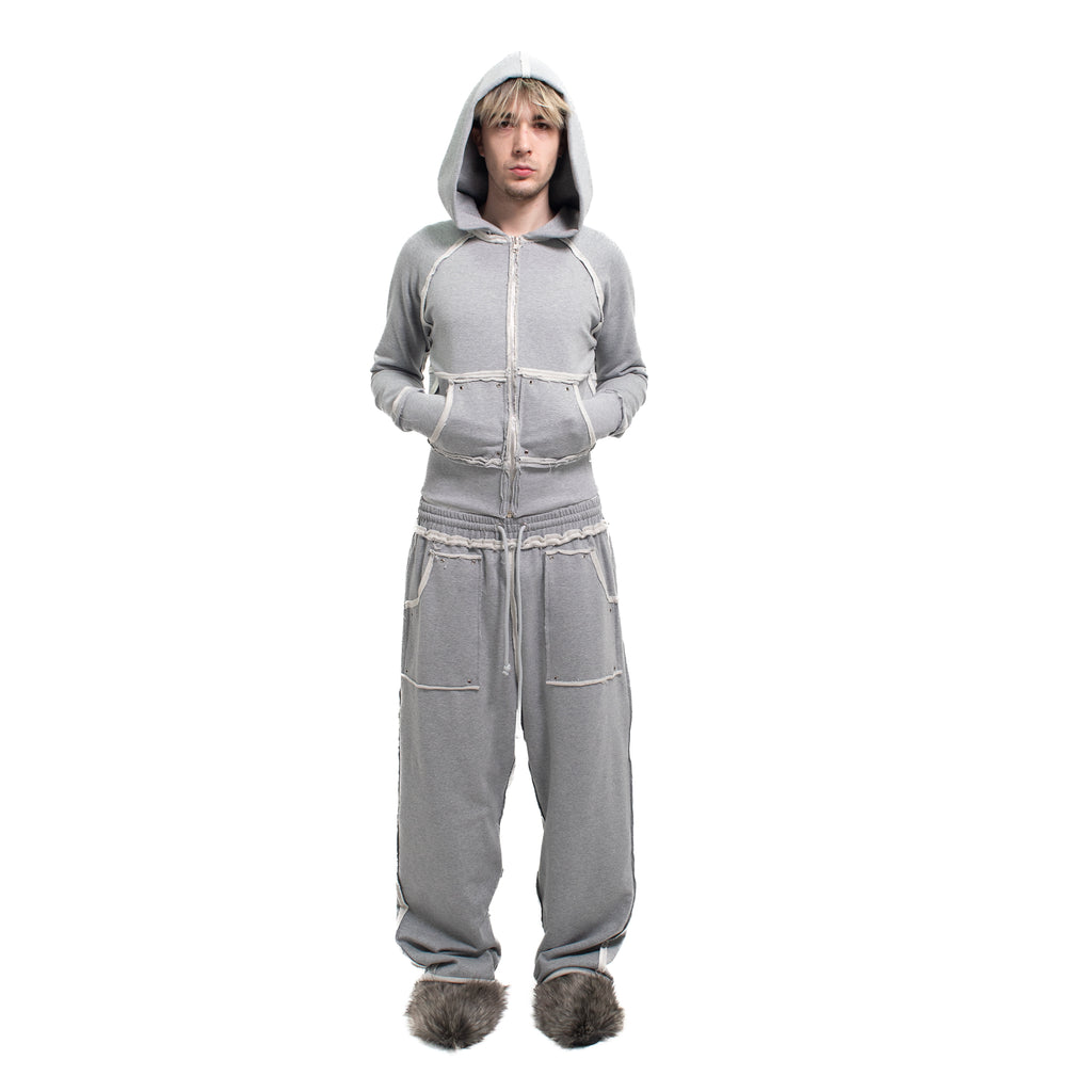 GREY STUDDED FLEECE BAGGY PANTS