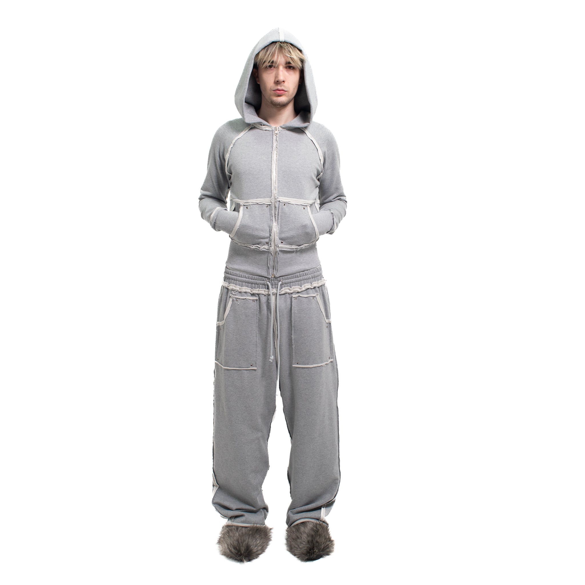 GREY STUDDED FLEECE BAGGY PANTS