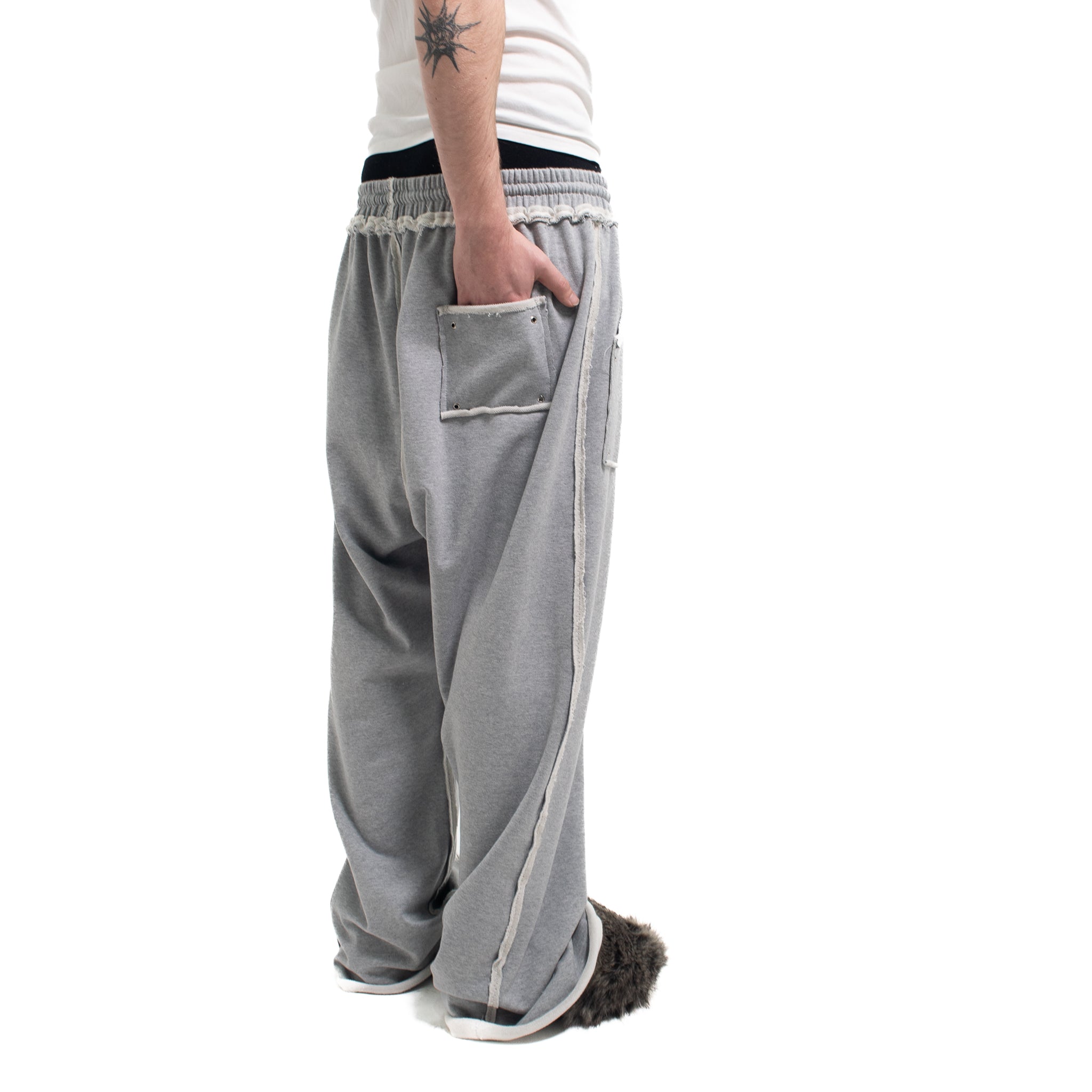 GREY STUDDED FLEECE BAGGY PANTS